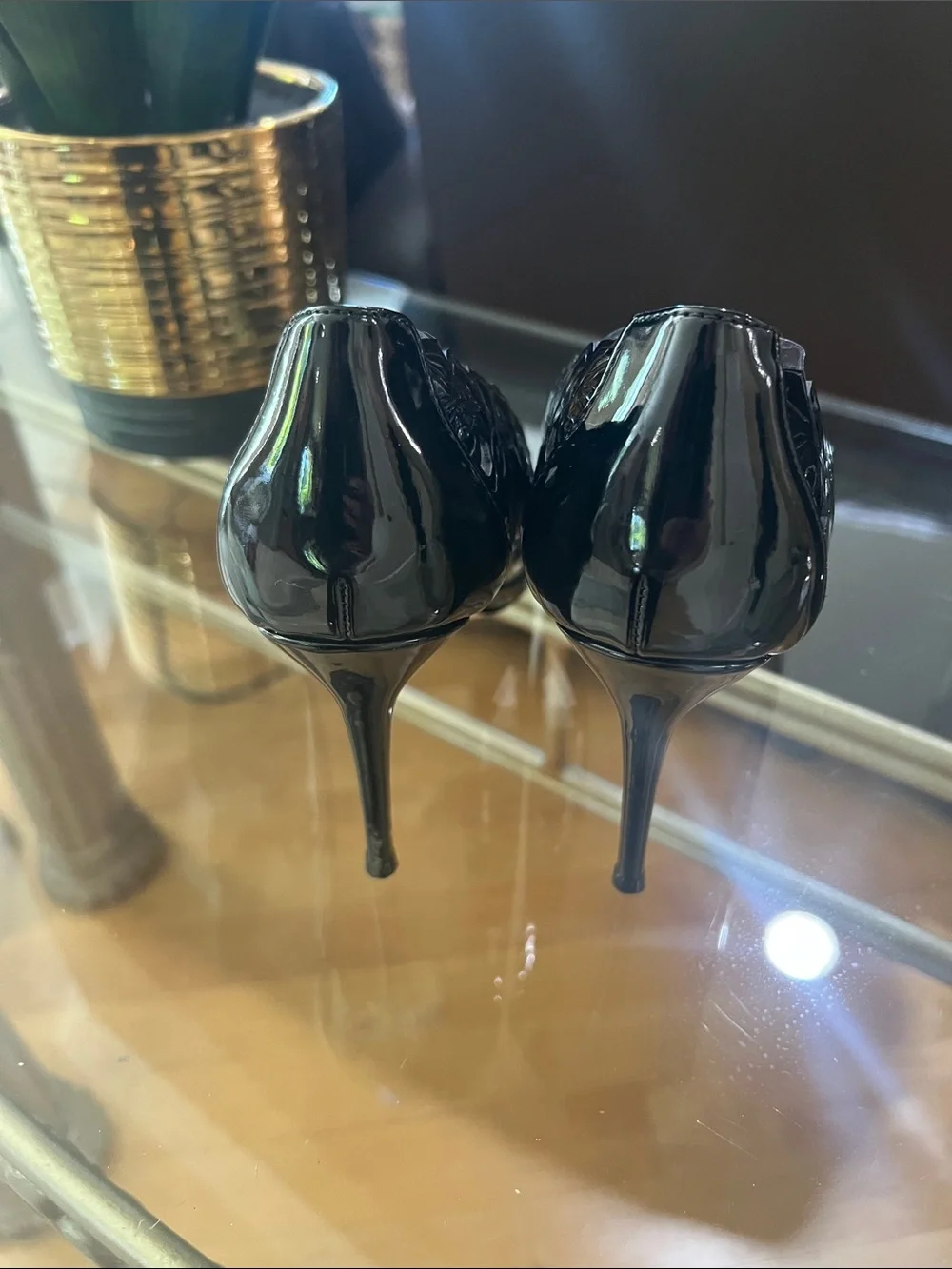 Jessica Simpson Black Patent Pointed Toe Pumps with Floral Embossing